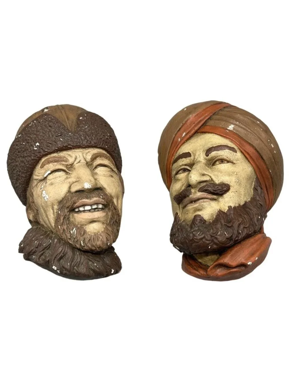 chalkware head wall hangings set of 2 1)Himalayan brown hat scarf beard READ